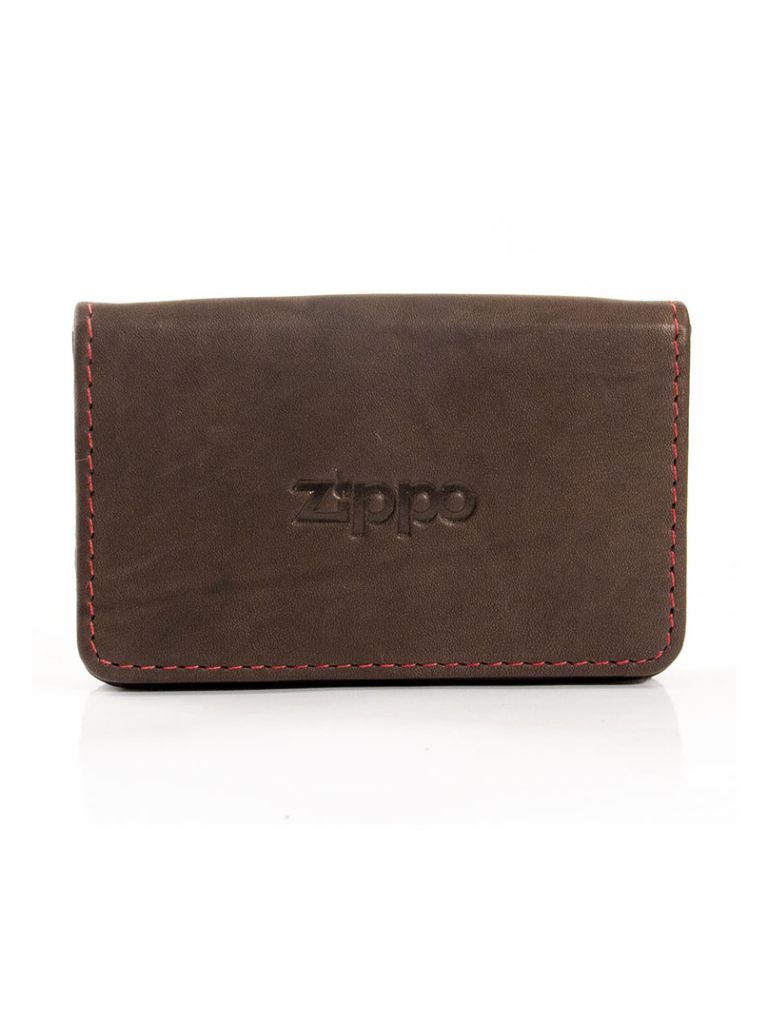 Zippo business card holder, leather, mocha/red stitching