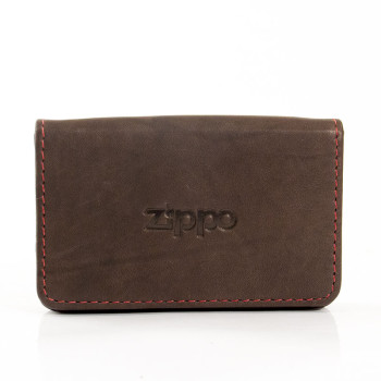 Zippo business card holder, leather, mocha/red stitching