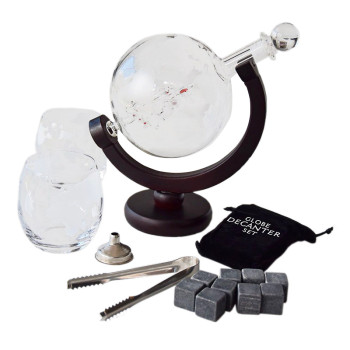 MIKAMAX Globus Decanter set-Whisky Karaffe mit zwei Gläser,Whiskysteine,Zange,Trichter - 3