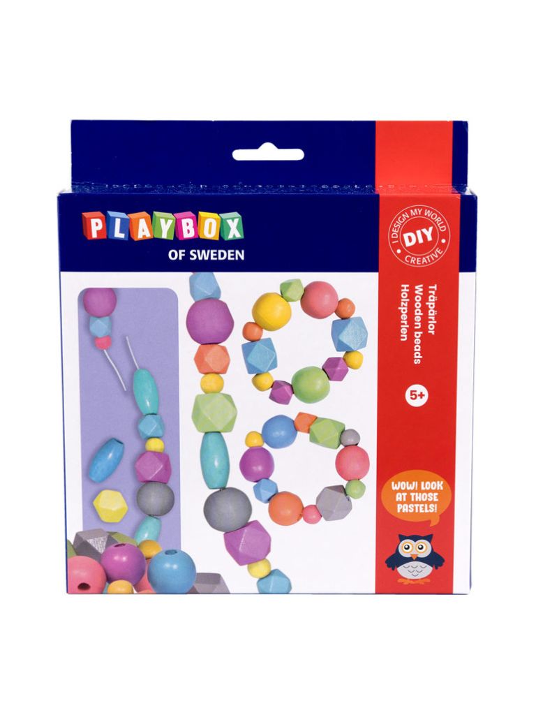 Wooden beads in a box, 65 pieces