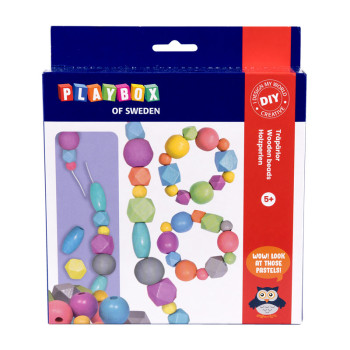 Wooden beads in a box, 65 pieces