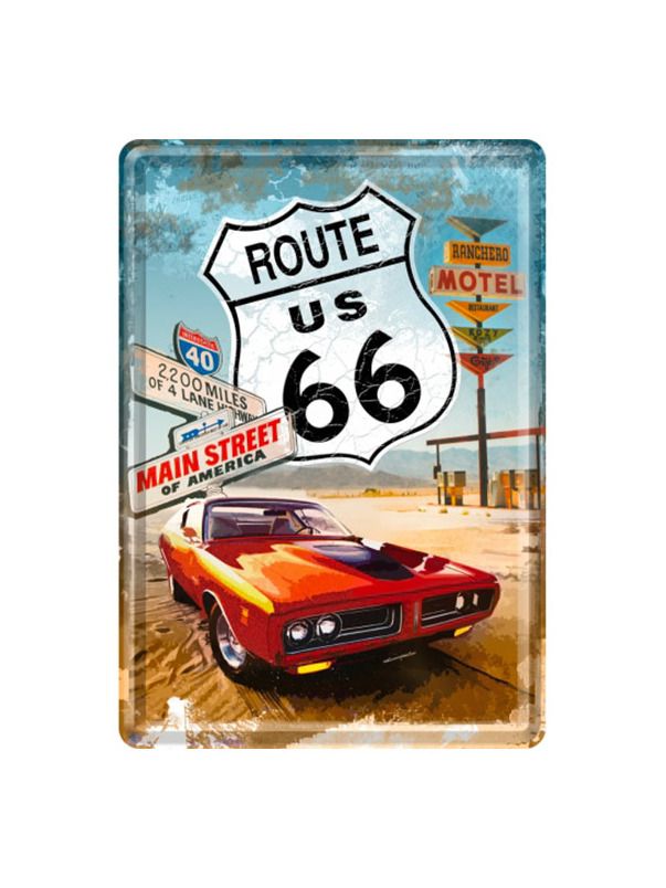 Blechschild Postkarte 10x14 cm Route 66 (Red car)