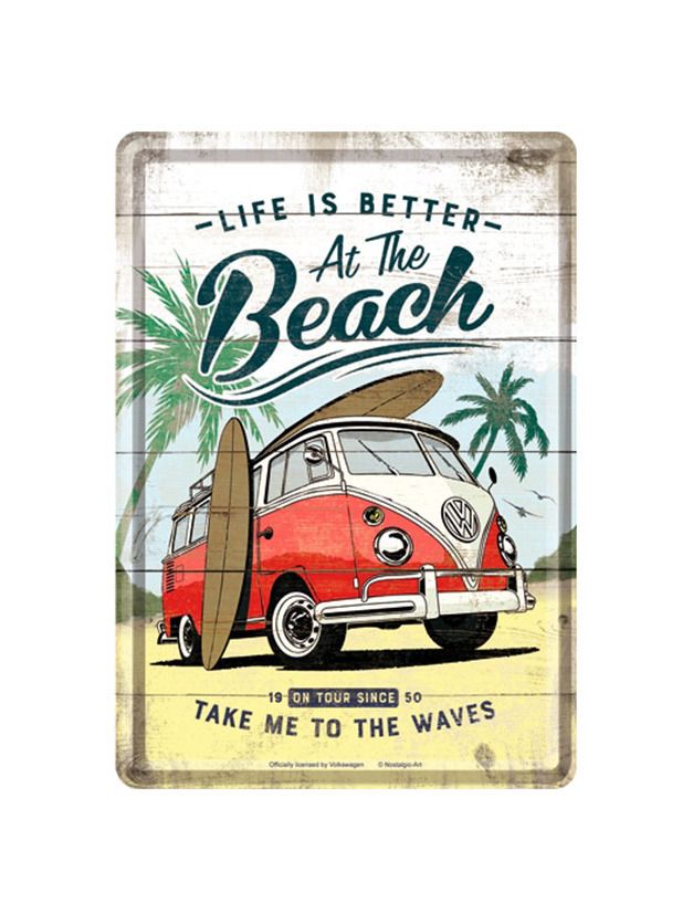 Blechschild Postkarte 10x14 cm VW Bulli Life is Better at the Beach