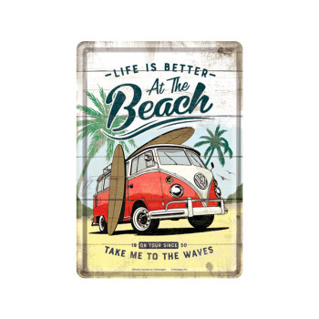 Blechschild Postkarte 10x14 cm VW Bulli Life is Better at the Beach