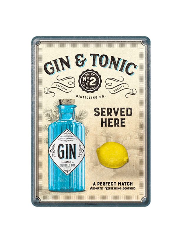 Blechschild Postkarte 10x14 cm Gin & Tonic Served Here