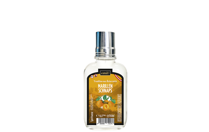 Emil Apricot Schnapps 0,1 l 35% Pocket Bottle with Shot Glass