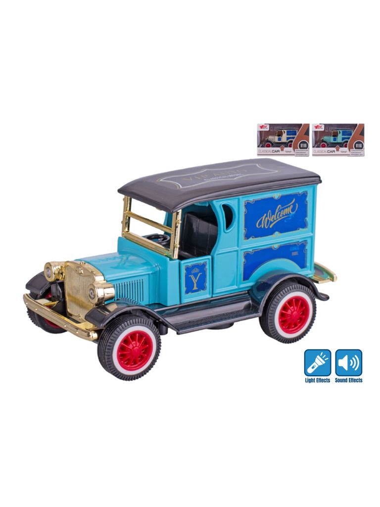 Auto old timer 11cm kov na baterie na zpětný chod se světlem a zvukem 3barvy v krabičce