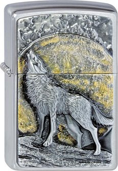 Zippo chrom gebürstet Plakette "Wolf at Moonlight" 2003038